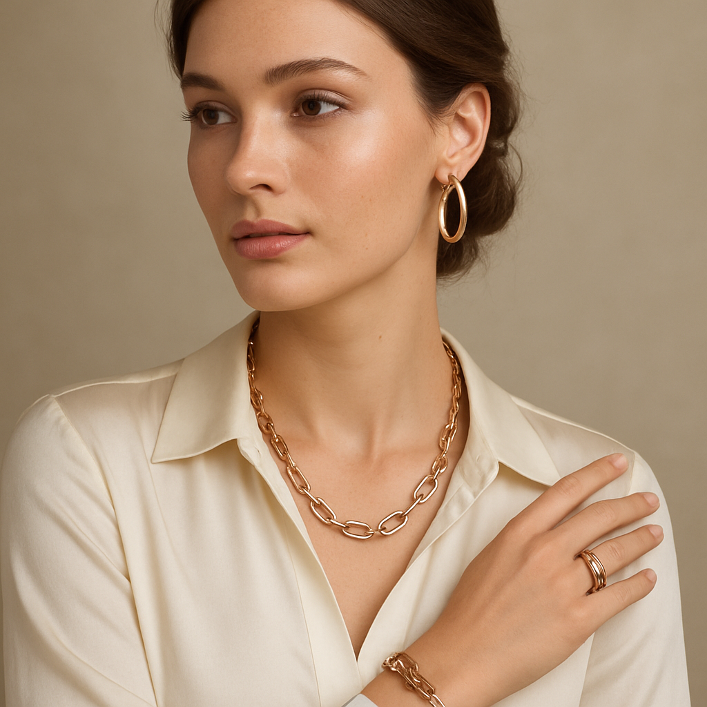 Mujer con joyas de lujo y atuendo color crema